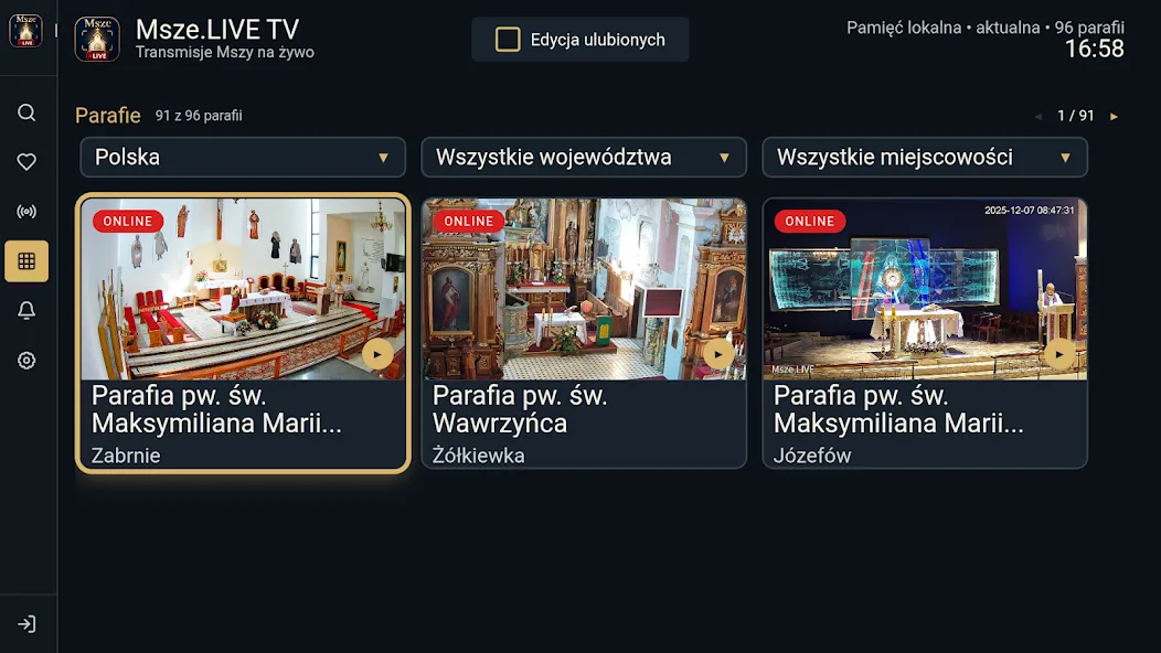 Katalog parafii w aplikacji Msze.LIVE TV z filtrami kraju, województwa i miasta