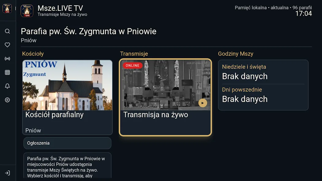 Szczegóły parafii, transmisja i godziny Mszy w aplikacji Msze.LIVE TV