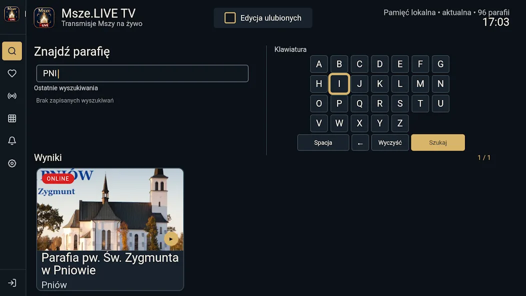 Wyszukiwarka parafii obsługiwana pilotem w aplikacji Msze.LIVE TV